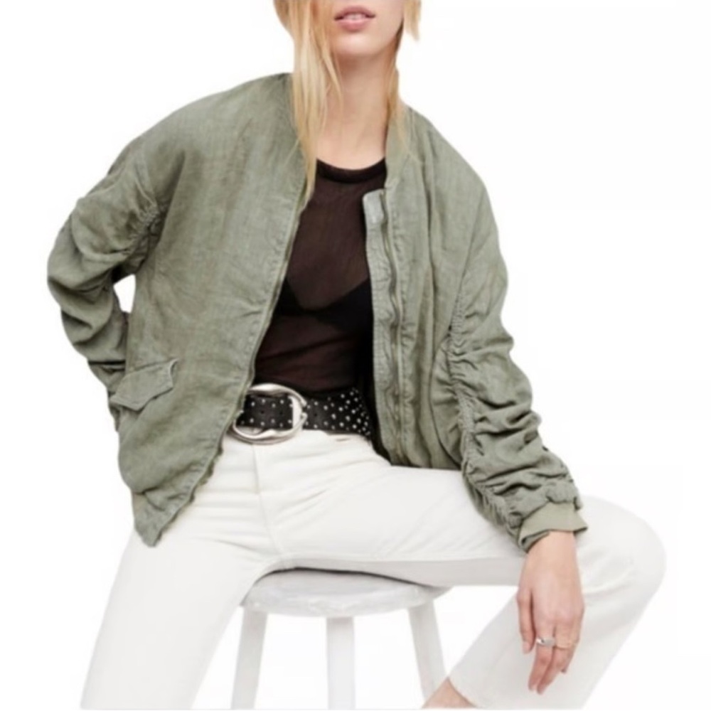 FREE PEOPLE Ruched Linen Bomber Jacket Zip Front Satin Lined Distressed Green XS